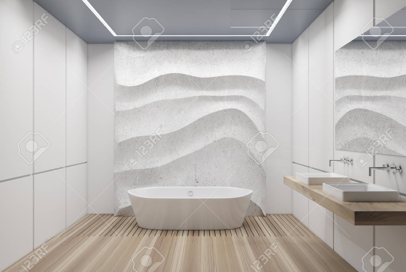 Weiss Gefliestes Badezimmer Interieur Mit Einem Holzboden Eine Dekorative Wand Eine Weisse Wanne Und Eine Doppelwaschbecken Mit Einem Grossen Spiegel Daruber Spott Der Wiedergabe 3d Lizenzfreie Fotos Bilder Und Stock Fotografie Image