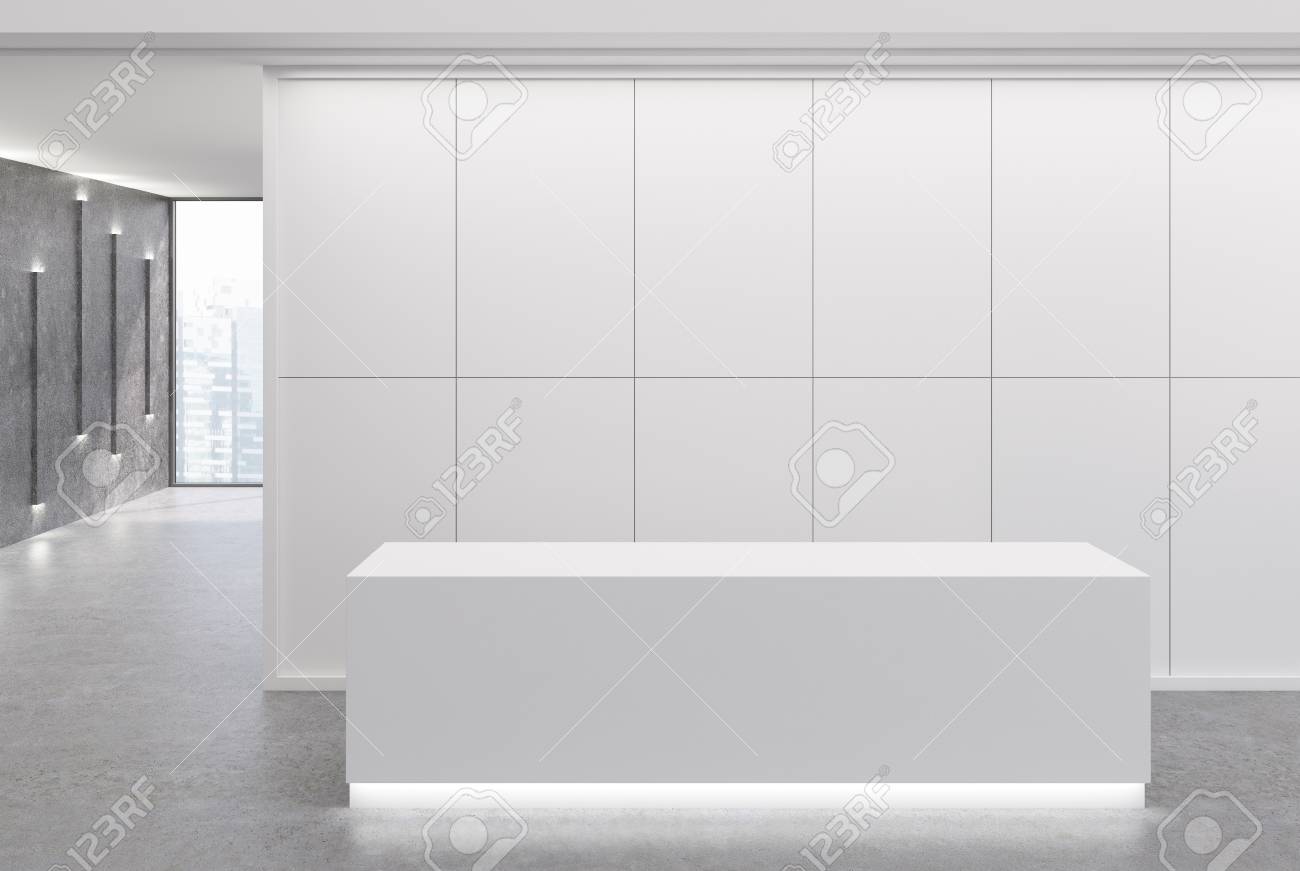 White Reception Desk Is Standing In An Office Lobby With Pannel Stock Photo Picture And Royalty Free Image Image 87851831