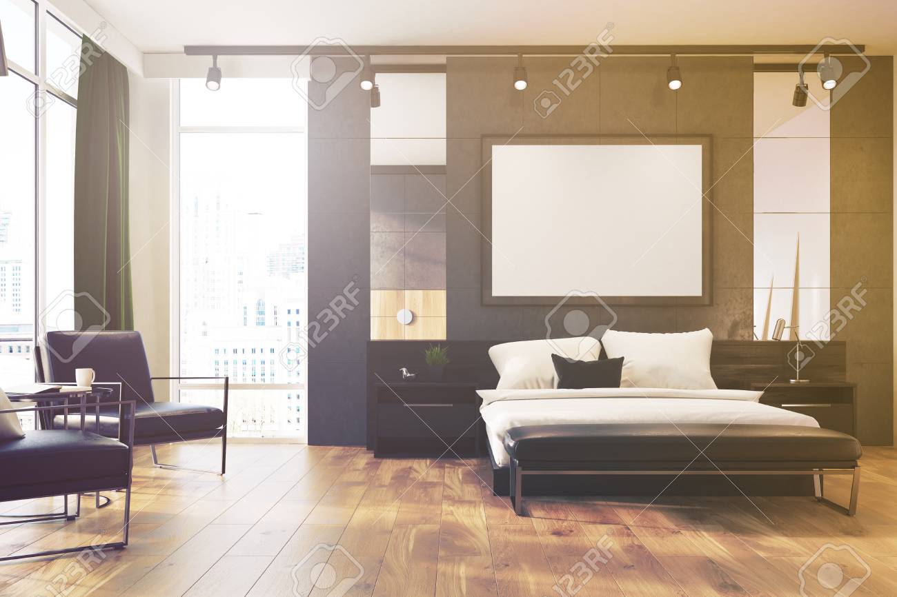 Interno Grigio Camera Da Letto Con Un Letto Matrimoniale, Diversi ... Interno Grigio Camera Da Letto Con Un Letto Matrimoniale, Diversi ...
