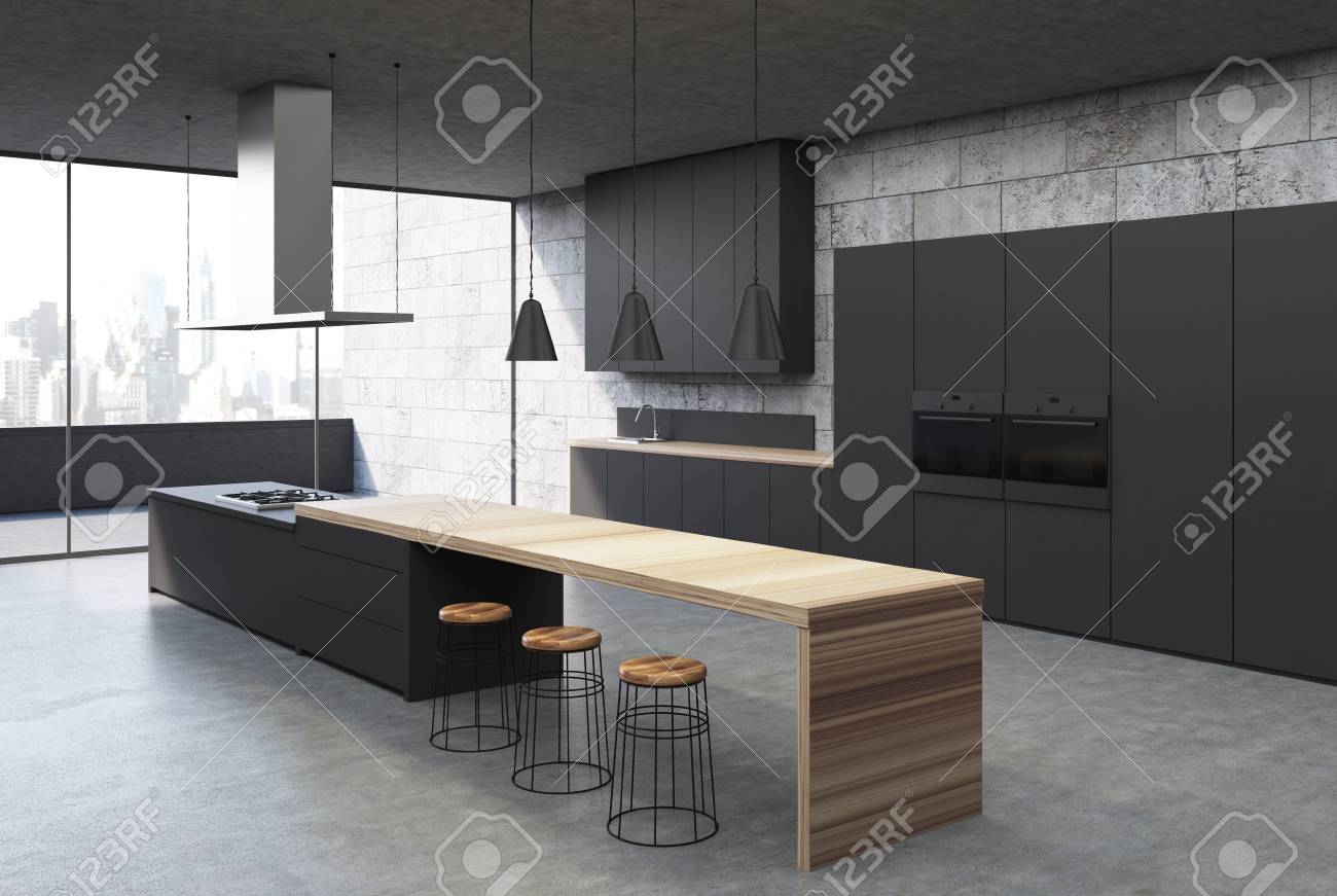 Concrete Kitchen Interior With A Concrete Floor Black Cabinets Stock Photo Picture And Royalty Free Image Image 88804635
