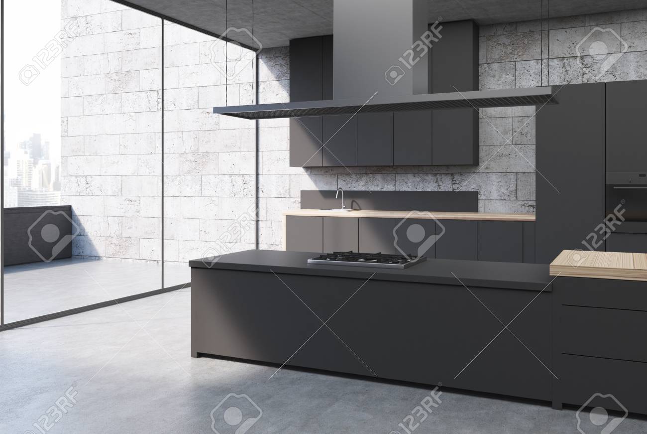 Concrete Kitchen Interior With A Concrete Floor Black Cabinets Stock Photo Picture And Royalty Free Image Image 88803369