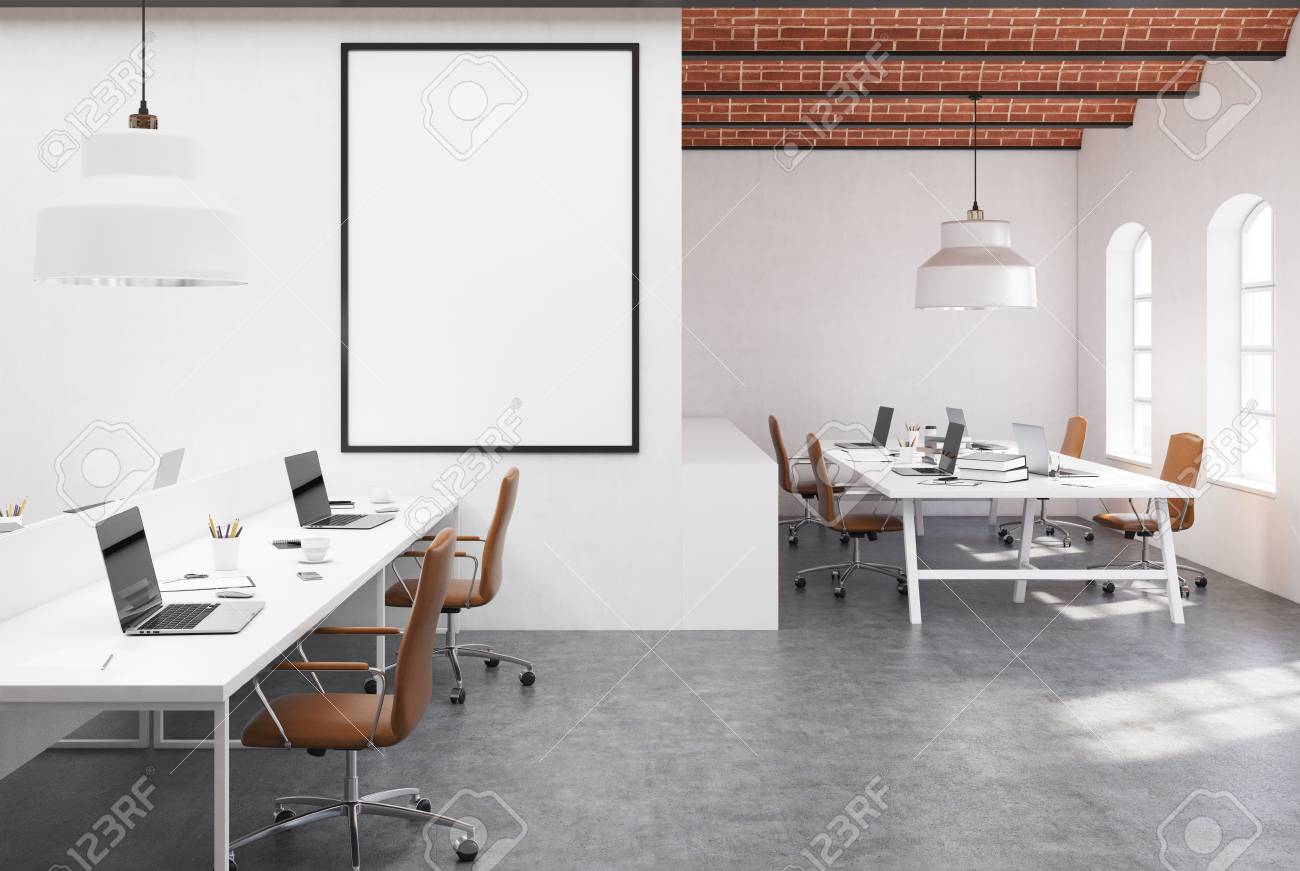Open Space Office Interior With White Walls A Concrete Floor