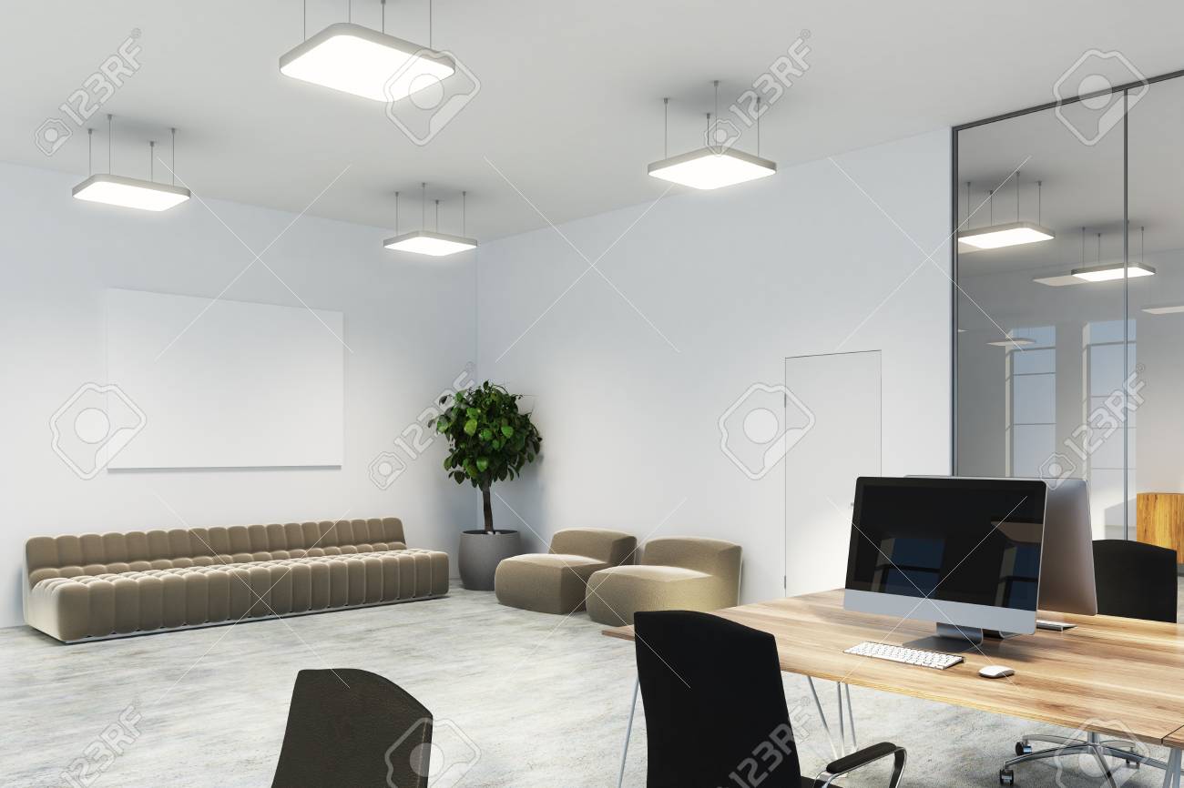 Open Space Office With White And Glass Walls A Concrete Floor