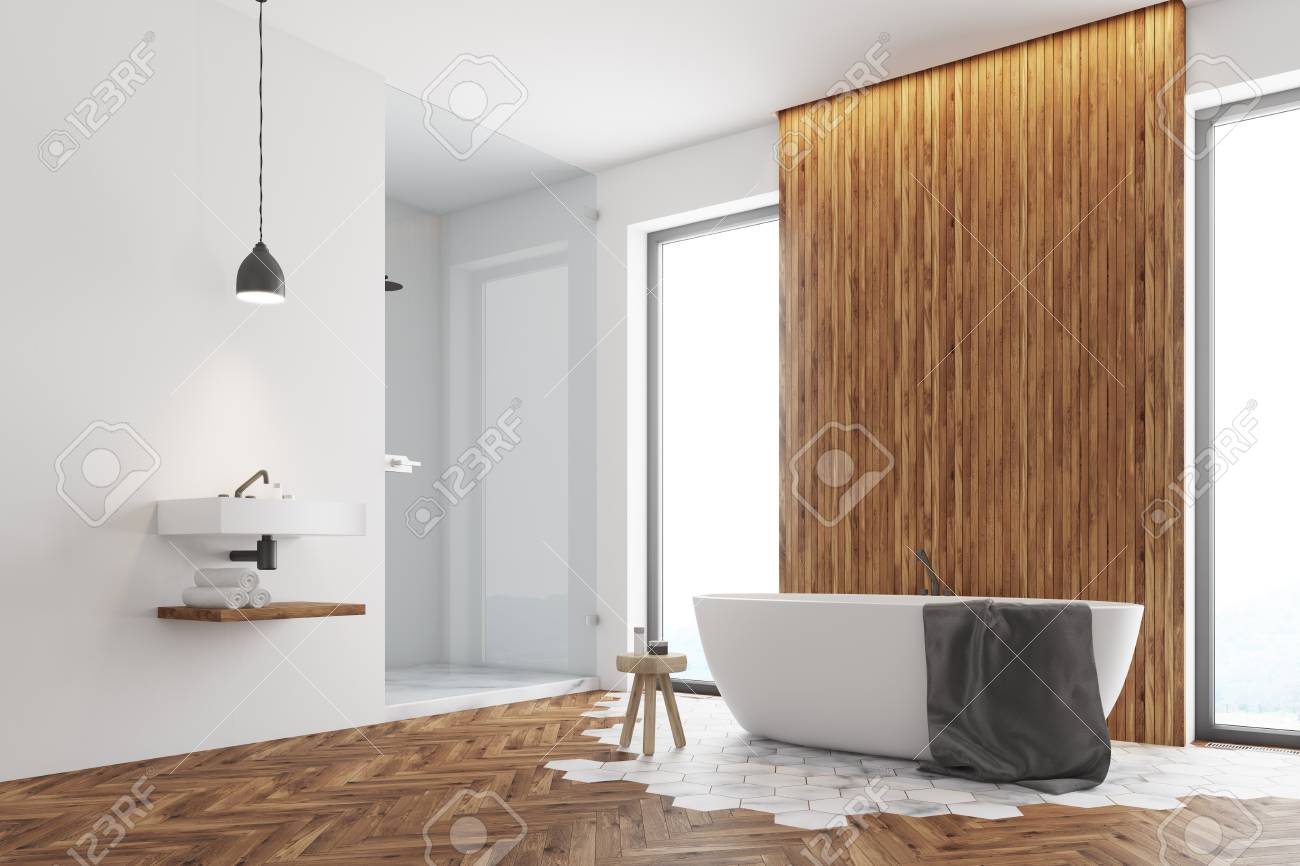 Coin Salle De Bain Moderne Avec Des Murs En Bois Blanc Beton Et Coin Salle De Bain Moderne Avec Des Murs En Bois Blanc Beton Et