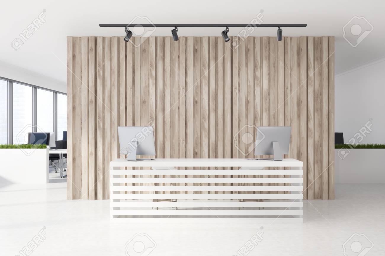 Wooden Reception Desk Standing On A Concrete Floor Of A Modern Stock Photo Picture And Royalty Free Image Image 89467805