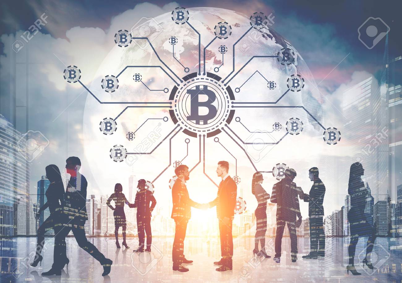 Business people silhouettes against bitcoin network hologram in the sky of a modern city. Double exposure toned image. - 89467859 Business people silhouettes against bitcoin network hologram in the sky of a modern city. Double exposure toned image. - 89467859