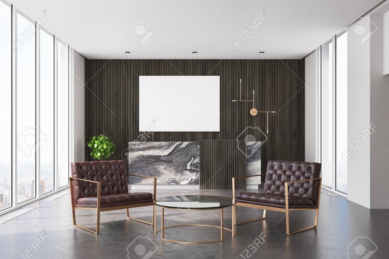Bureau Bois Sombre : Intérieur de bureau en bois sombre avec un sol en béton et un