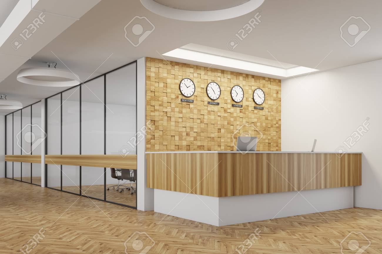 Plafoniere In Legno : Lobby di ricevimento bianca e in legno con pavimento due