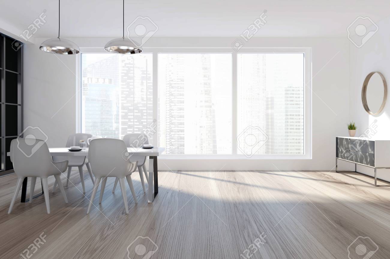 Interior Blanco Del Comedor Con Una Ventana Panorámica, Un Piso De ... Interior Blanco Del Comedor Con Una Ventana Panorámica, Un Piso De ...