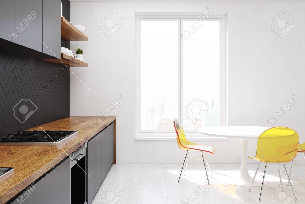 Intérieur De Cuisine En Bois Gris Avec Un Sol En Béton Des Comptoirs Gris Et Une Table Ronde Avec Des Chaises Jaunes Vue De Côté Maquette 3d