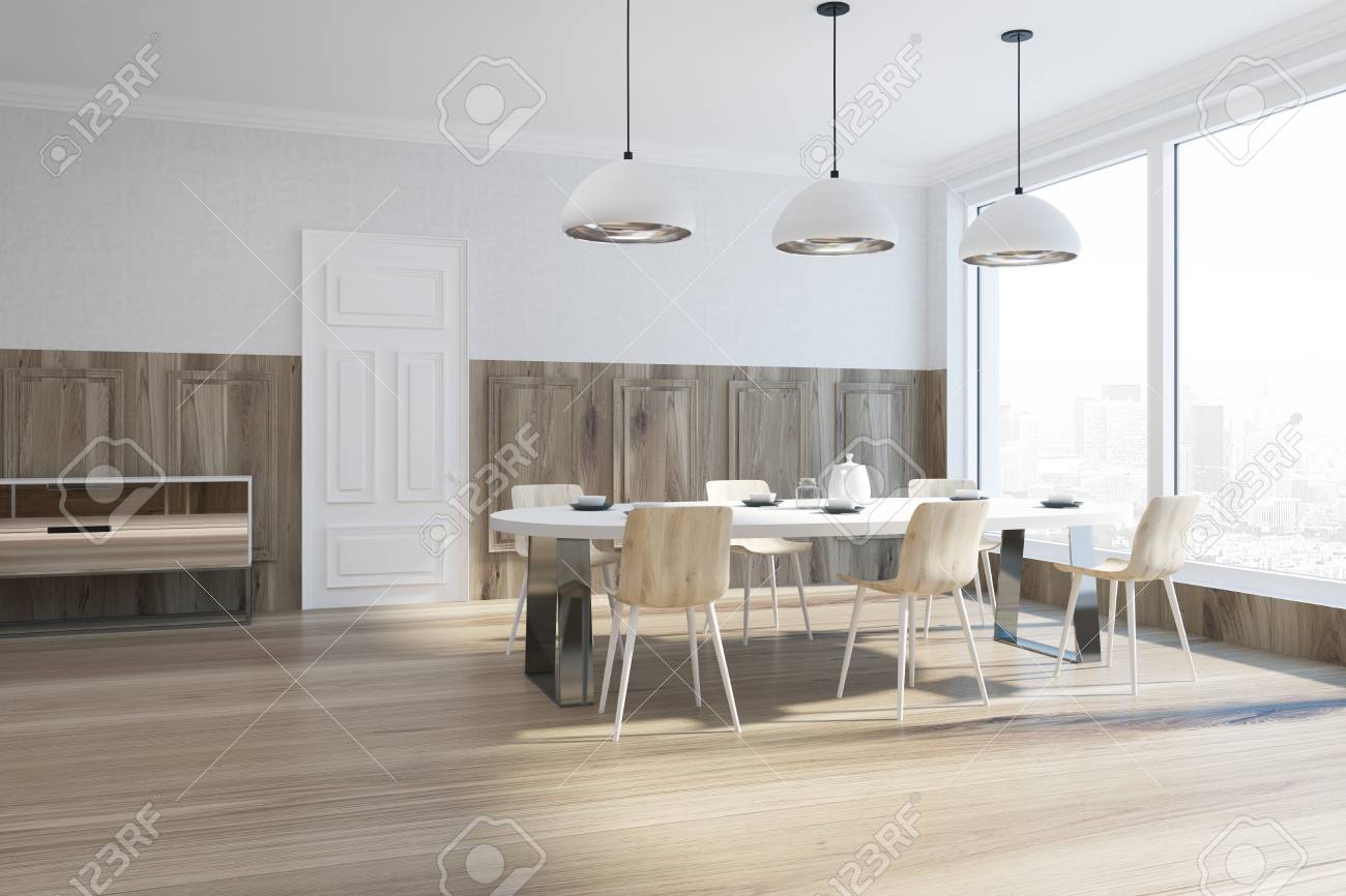 Esquina Del Comedor De Madera Y Blanco Con Una Ventana Panorámica ... Esquina Del Comedor De Madera Y Blanco Con Una Ventana Panorámica ...