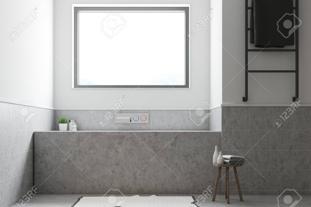 Intérieur De Salle De Bain Blanc Et Gris Avec Un Sol En Béton, Et ... Intérieur De Salle De Bain Blanc Et Gris Avec Un Sol En Béton, Et ...