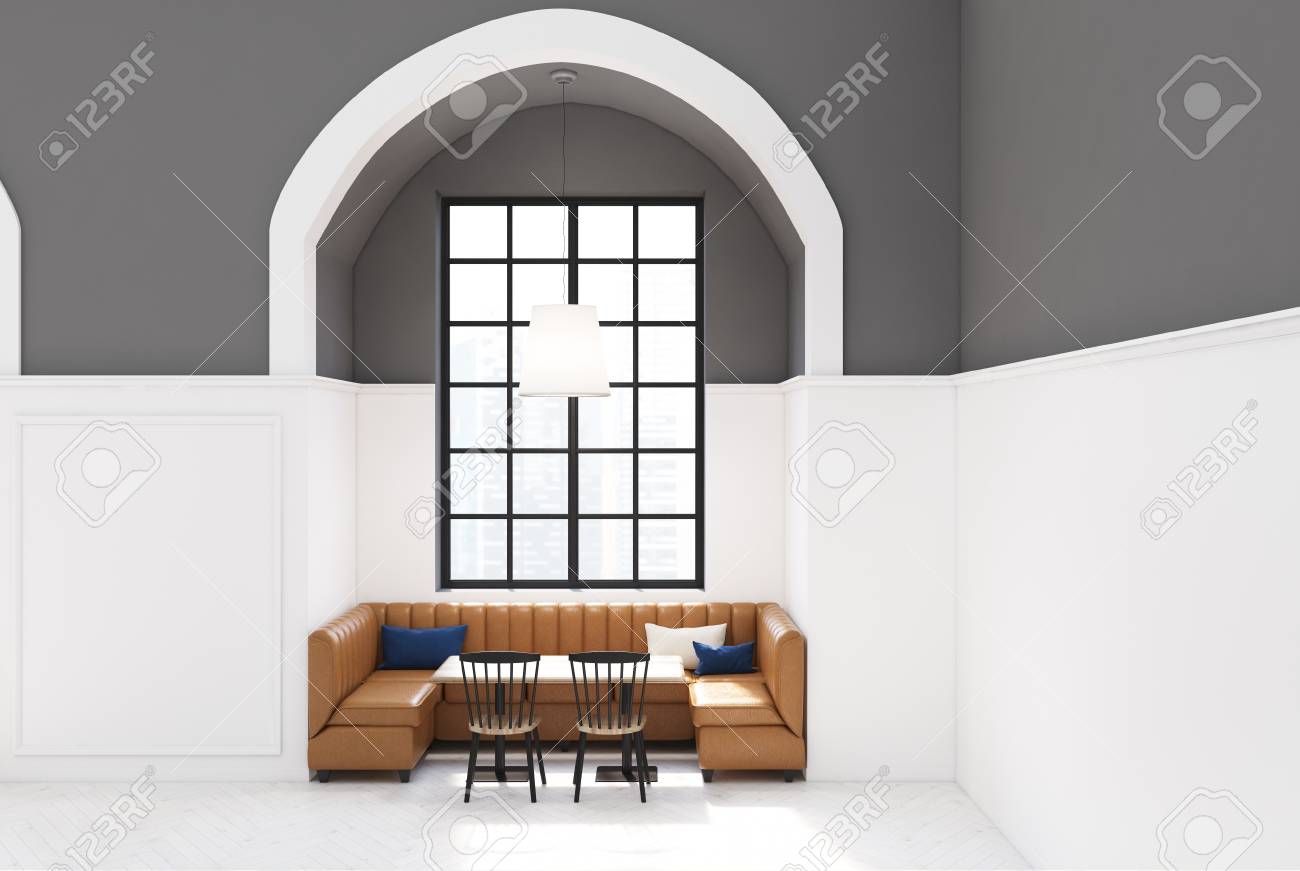 白と灰色の壁 白い床 木製のテーブル 黄色のソファ 黒と木製の椅子が備わり モダンなカフェのインテリア 3d レンダリングモックアップ の写真素材 画像素材 Image