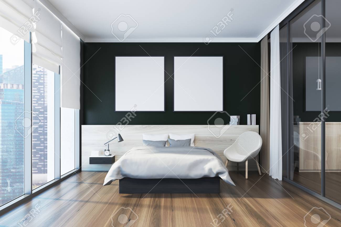 Interno Nero Della Camera Da Letto Con Un Pavimento In Legno, Un ... Interno Nero Della Camera Da Letto Con Un Pavimento In Legno, Un ...