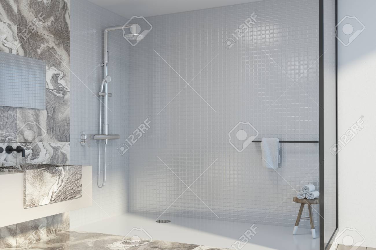 White Marble Bathroom Corner With A Sink Standing On A Long White