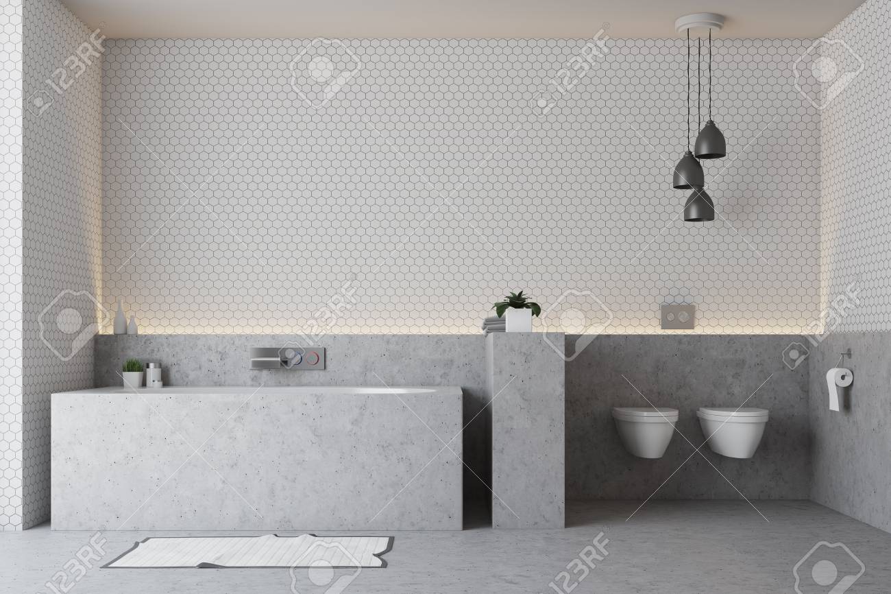 Intérieur de salle de bain blanc avec sol gris, baignoire grise et double toilette. Rendu 8d, maquette Intérieur de salle de bain blanc avec sol gris, baignoire grise et double toilette. Rendu 8d, maquette
