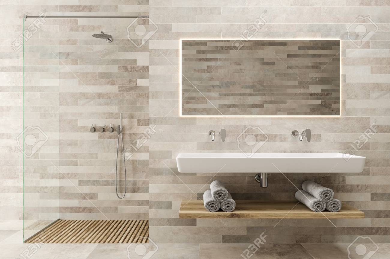 White Wooden Bathroom Interior With A Double Sink With A Dark