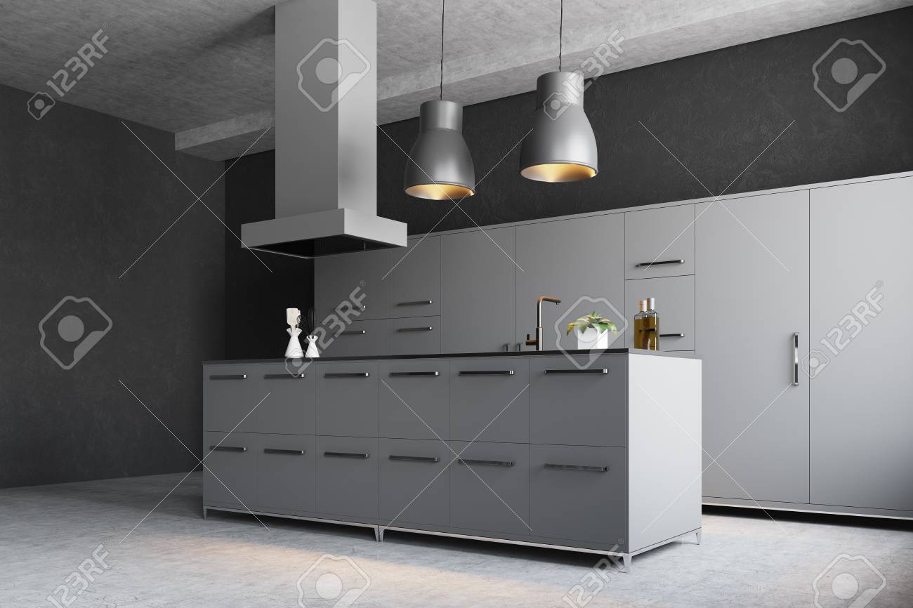 Modern Gray Kitchen Corner With A Concrete Floor Gray Cupboards