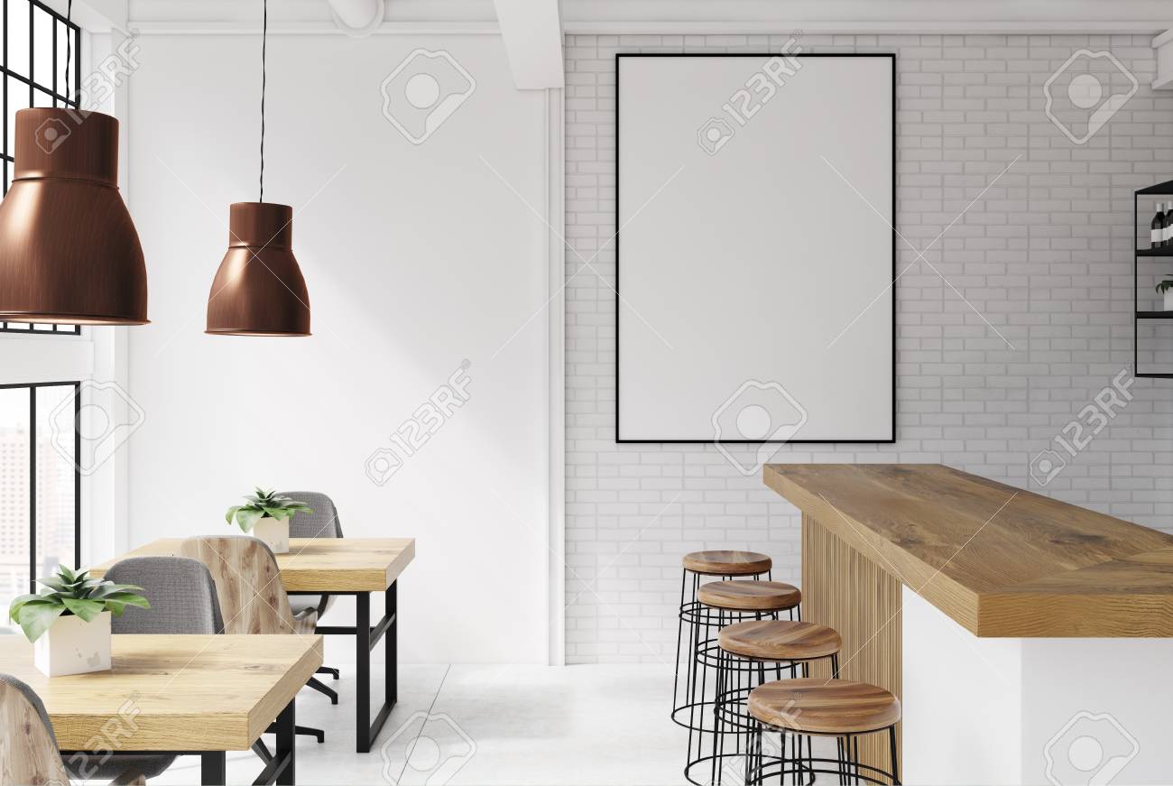 Brick and white loft bar interior with a concrete floor, a bar with stools and wooden tables with chairs. A poster. 3d rendering mock up - 94242499 Brick and white loft bar interior with a concrete floor, a bar with stools and wooden tables with chairs. A poster. 3d rendering mock up - 94242499