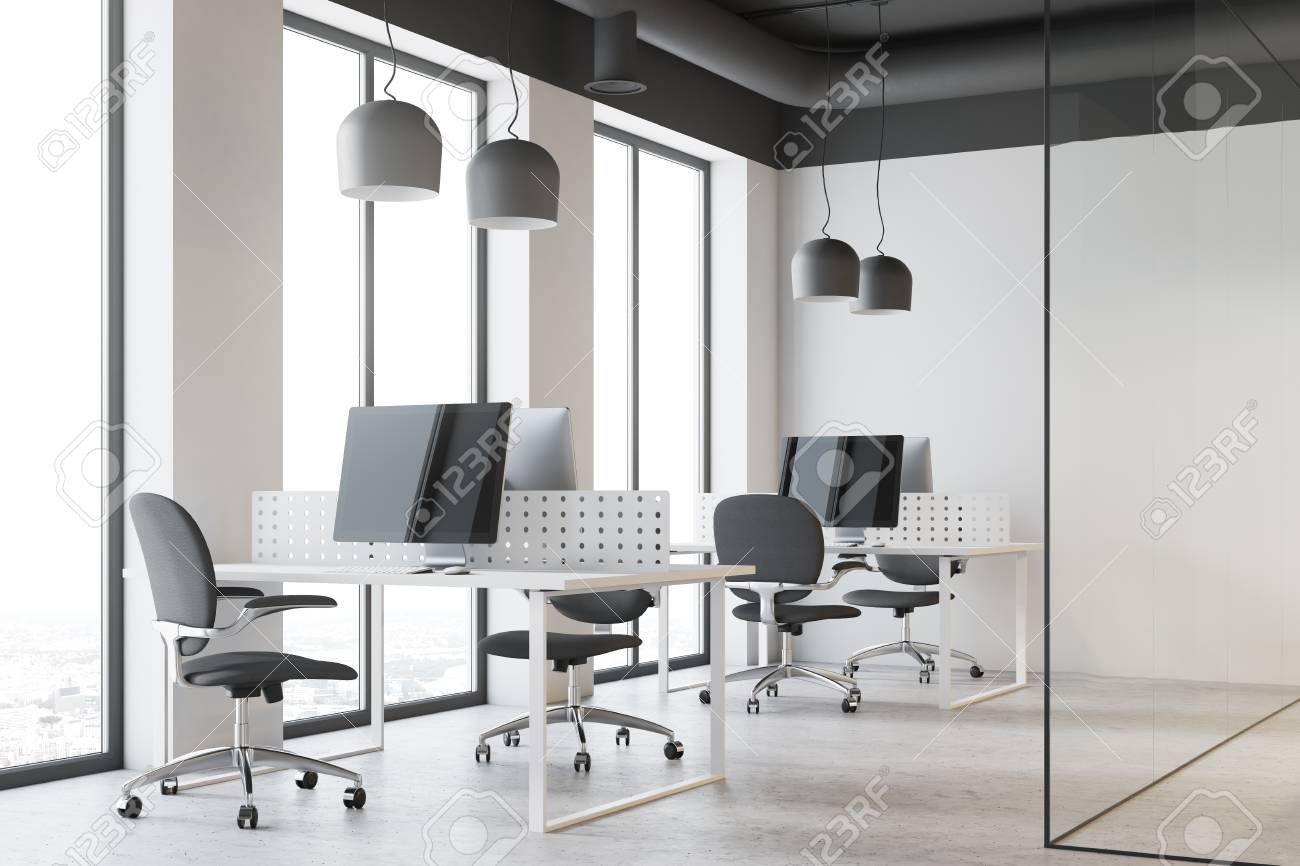White And Glass Office Interior With White Tables Computers Stock Photo Picture And Royalty Free Image Image 94242511