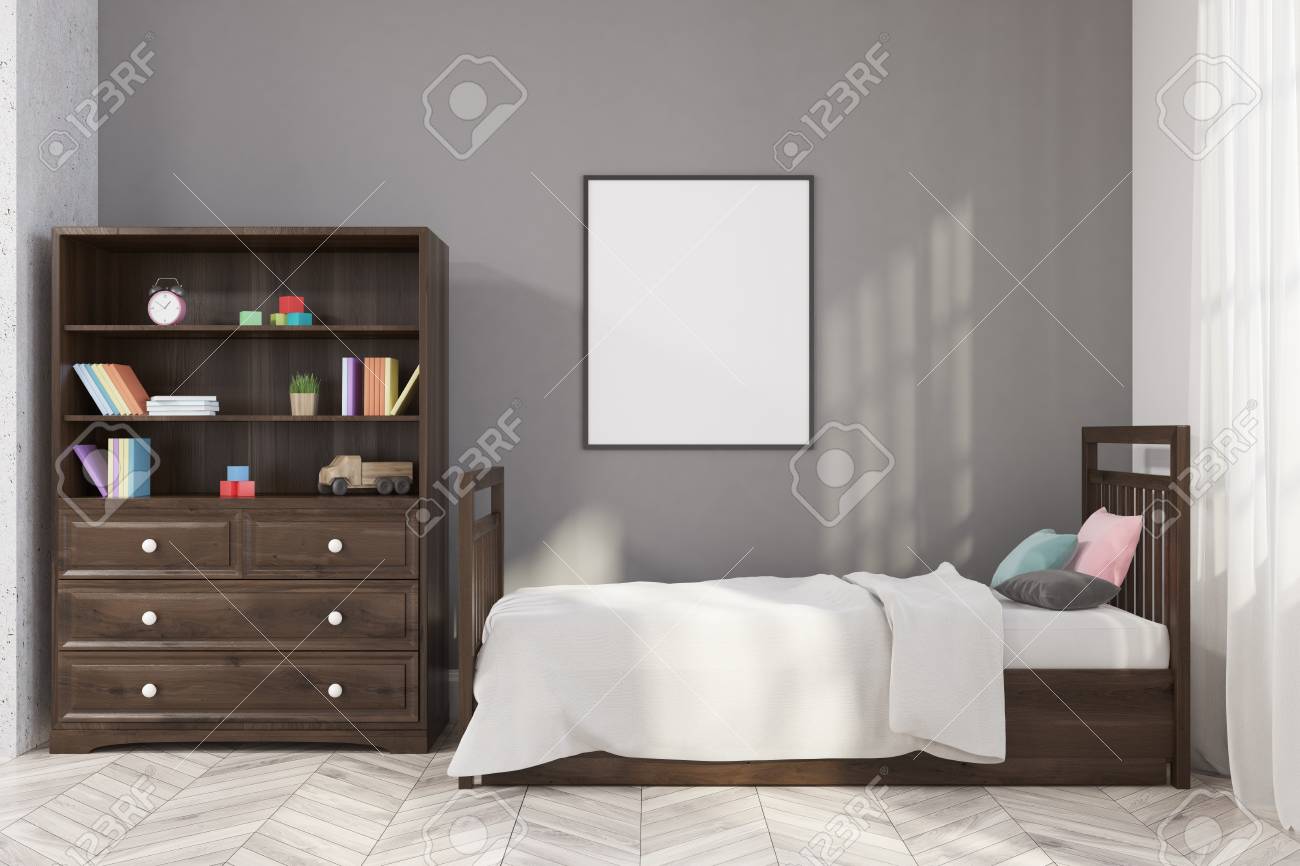 gray bookcase nursery