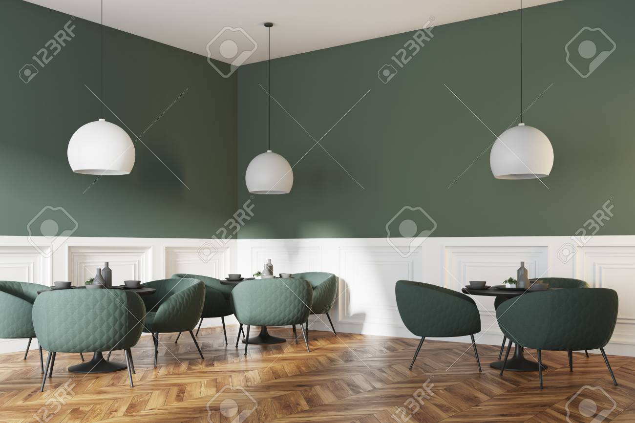 ウッドフロアの緑と白のカフェのインテリアのコーナー、丸い黒い 