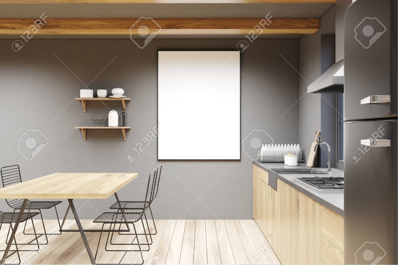 ダークグレーのダイニングルームのインテリアには 木製のテーブルと黒い椅子 ダークウッドのカウンタートップ 木製の床が備わります 額入りのポスター 3d レンダリングモックアップ の写真素材 画像素材 Image