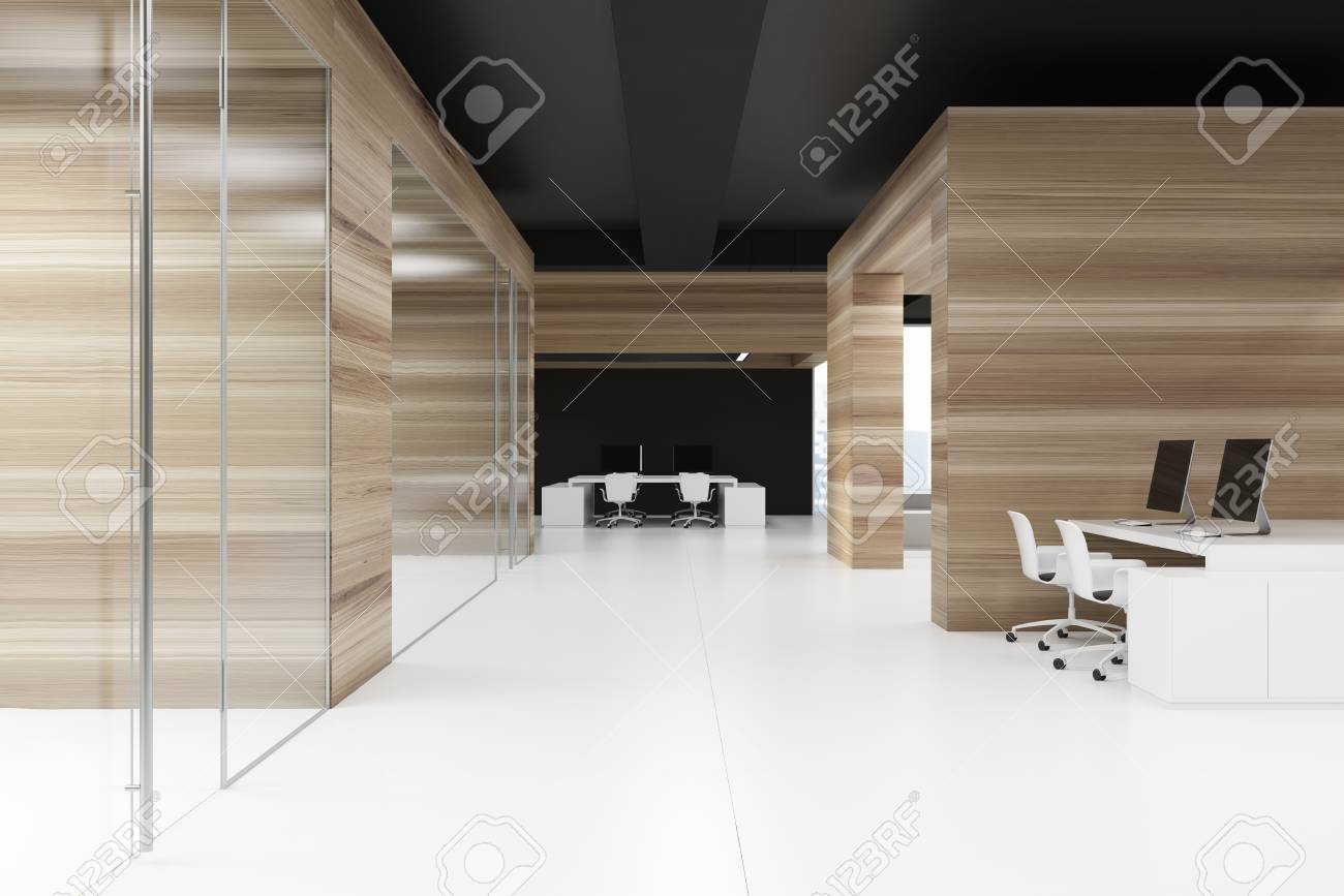 黒い天井 木製と黒の壁とコンピュータテーブルを備えた木製のオフィス廊下 3d レンダリングモックアップ の写真素材 画像素材 Image
