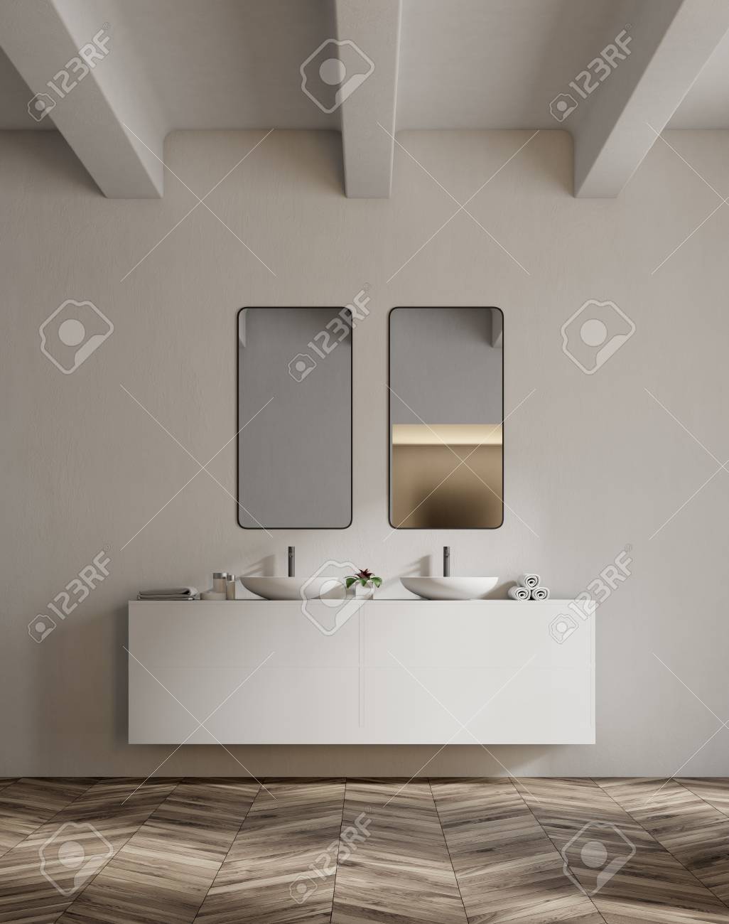 White Sink Vanity Unit With Two Vertical Mirrors In A White Bathroom Stock Photo White Sink Vanity Unit With Two Vertical Mirrors In A White Bathroom Stock Photo