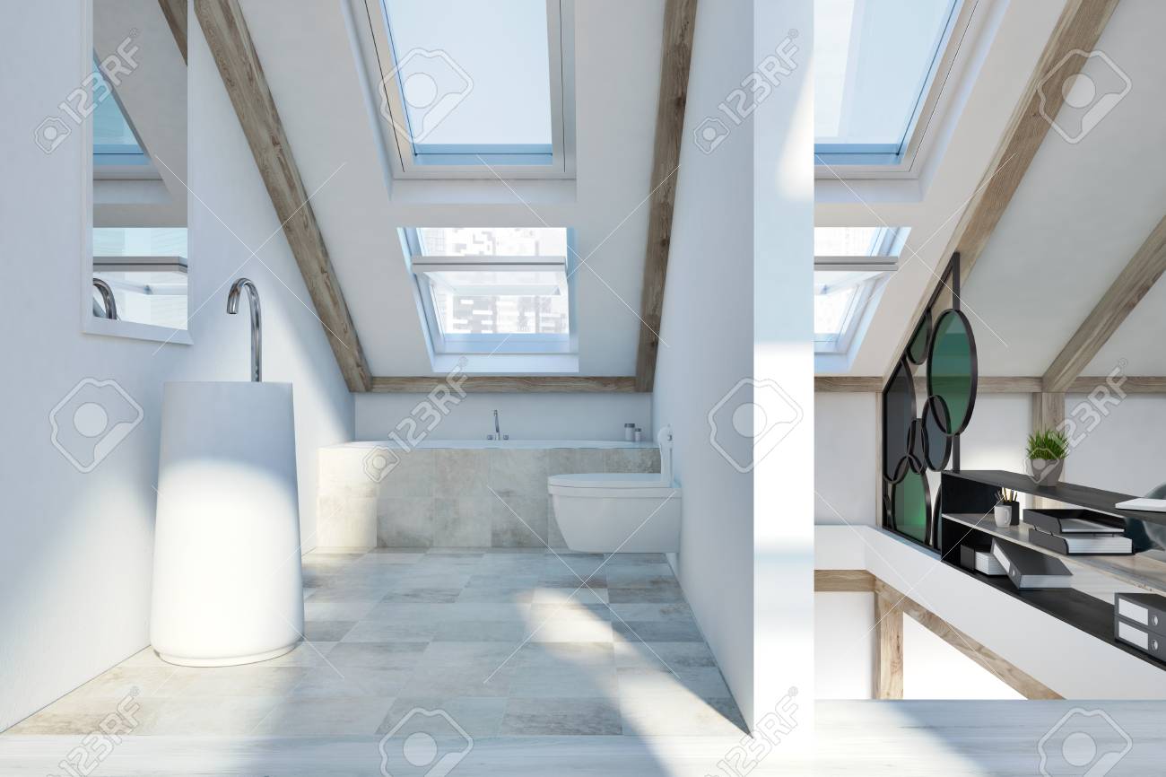 Attic Bedroom Interior With White Walls Windows In The Roof
