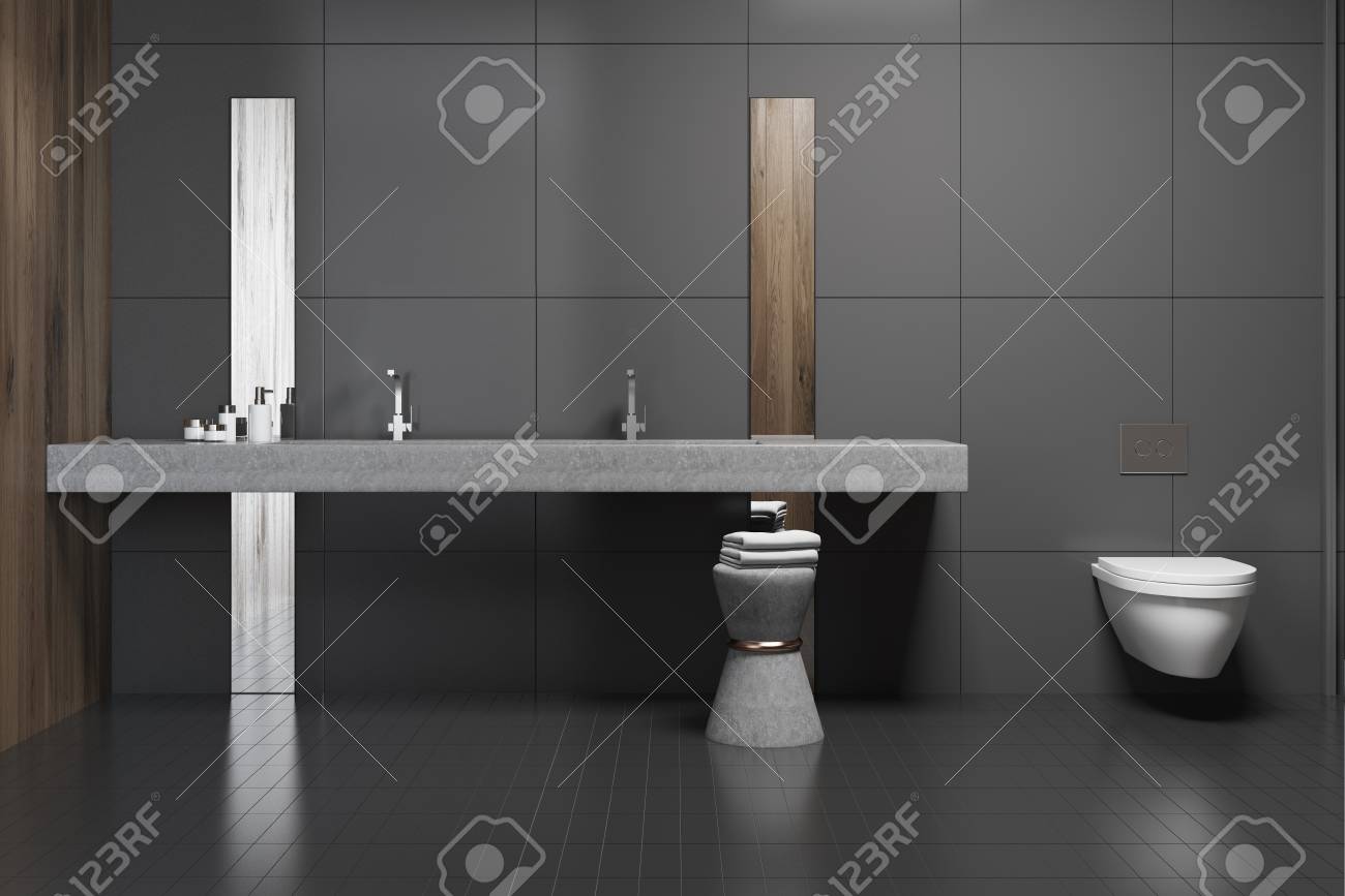 Front View Of A Modern Bathroom With Black Walls, A Double Sink ... Front View Of A Modern Bathroom With Black Walls, A Double Sink ...