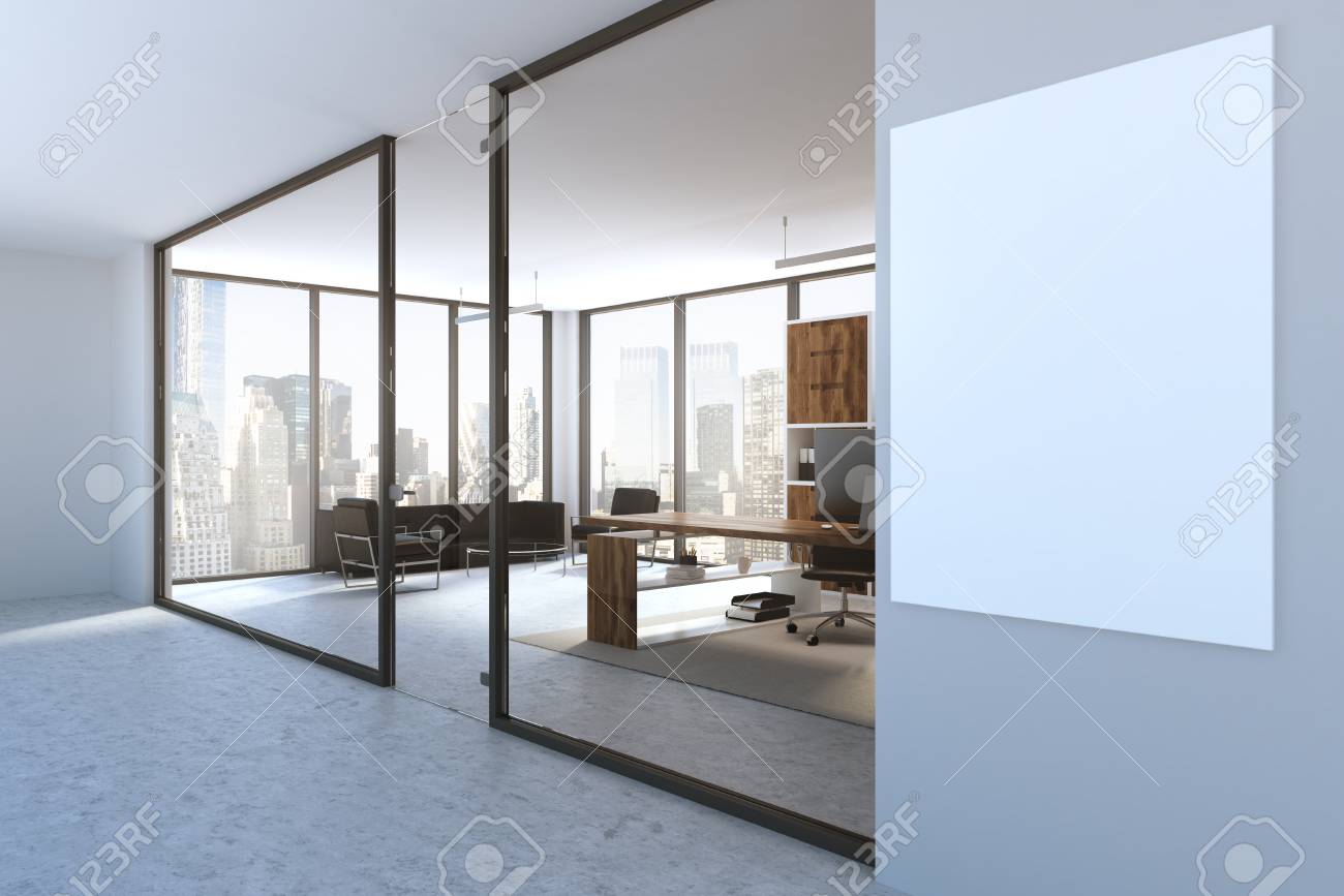 office of a company head with panoramic windows a computer talbe