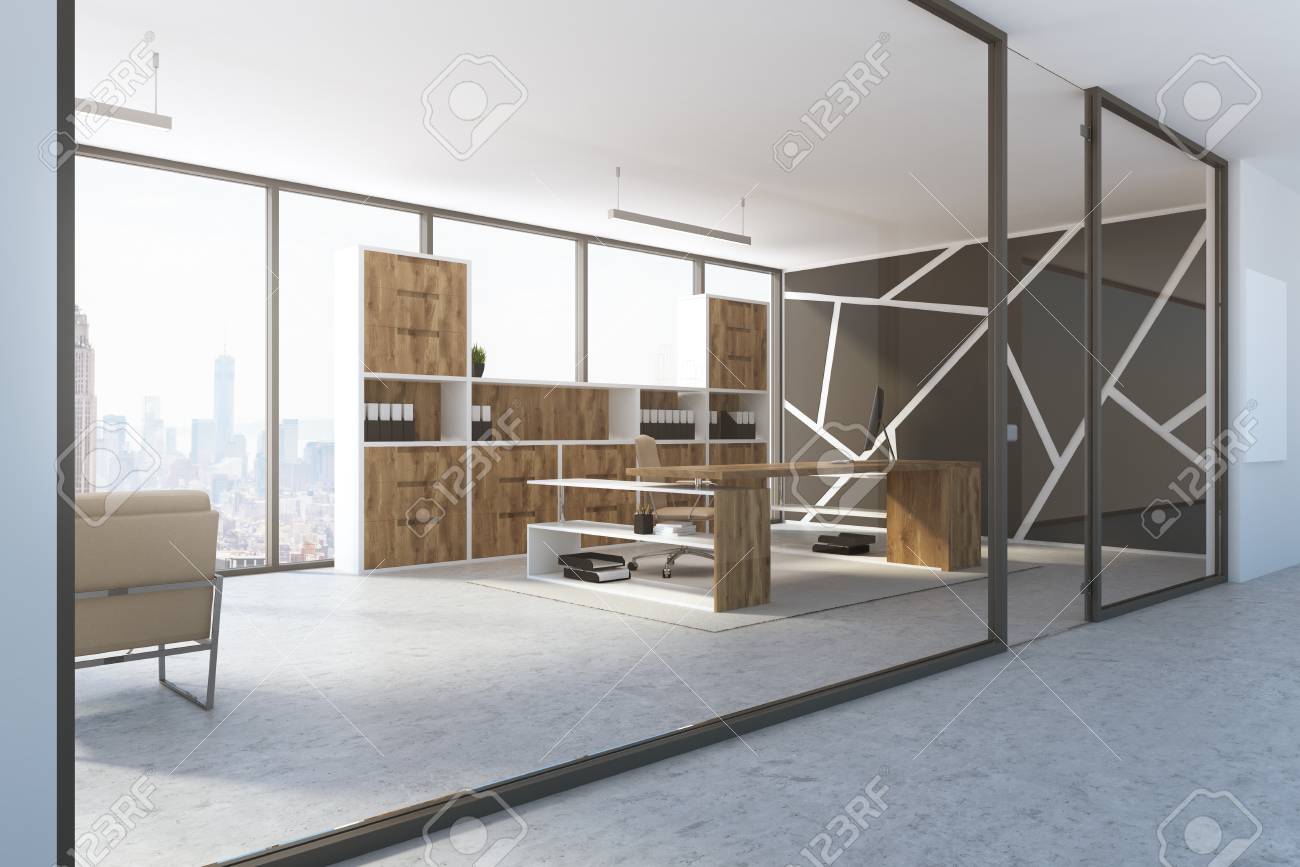 office of a company head with panoramic windows a computer talbe
