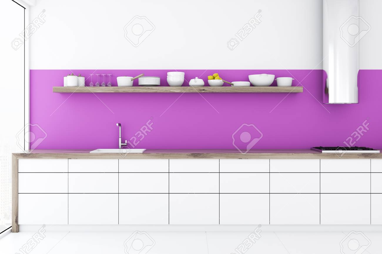 Purple Kitchen Interior With White Countertops And A Long Wooden