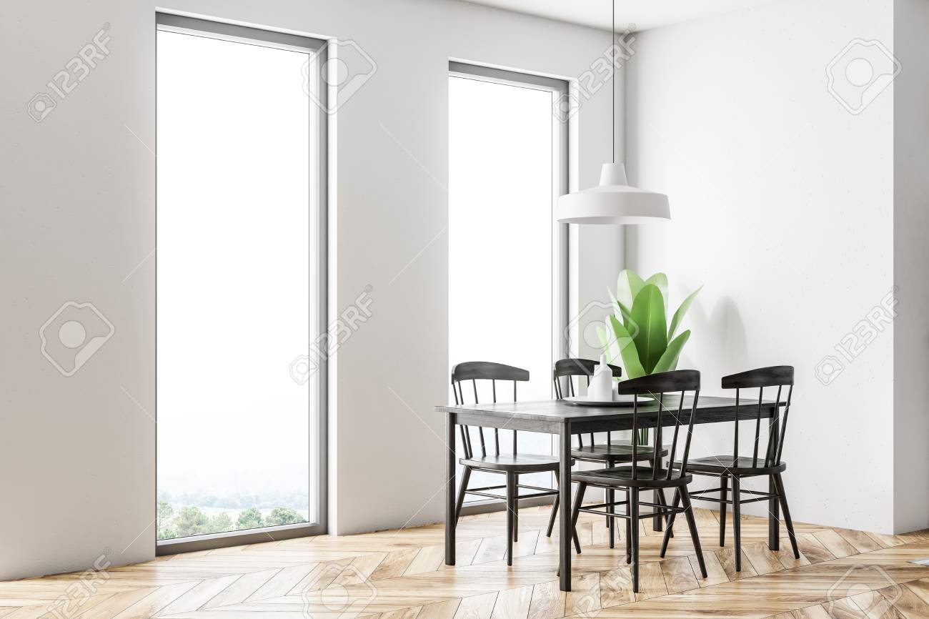 White Scandinavian Style Dining Room Interior With A Wooden Floor