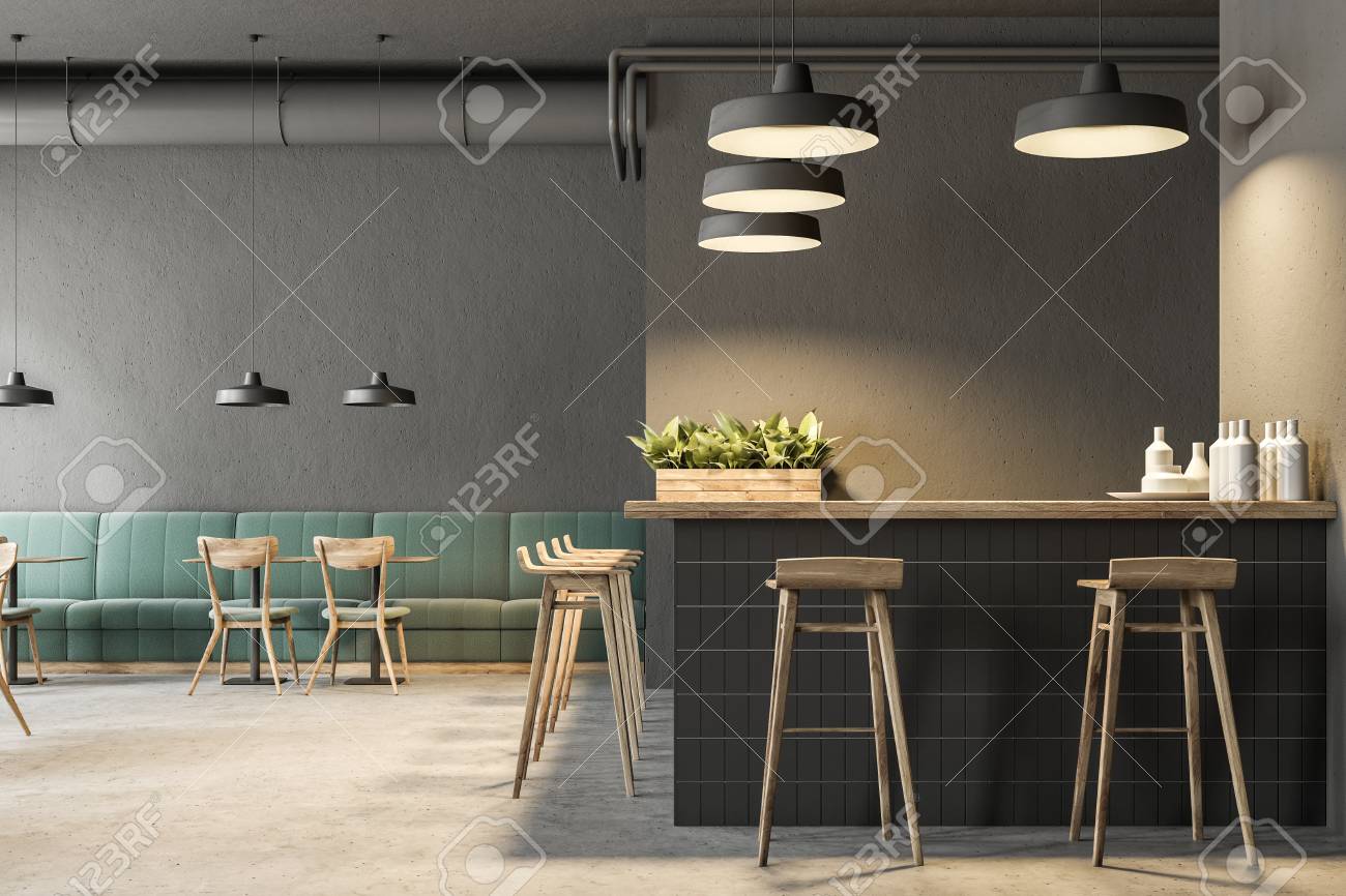 Industrial Style Bar Interior With Dark Gray Walls A Concrete