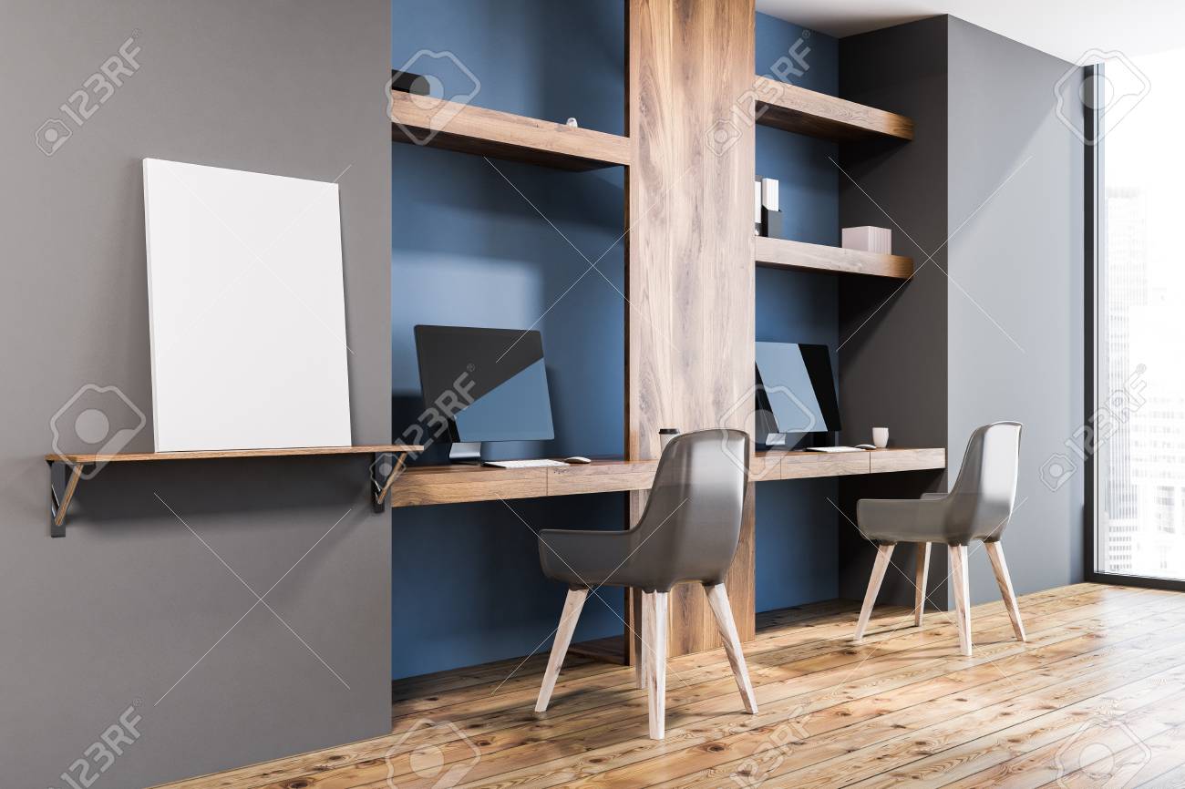 Stylish Home Office Interior With Dark Blue And Wooden Walls