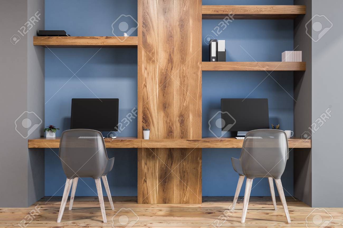 Stylish Home Office Interior With Dark Blue And Wooden Walls