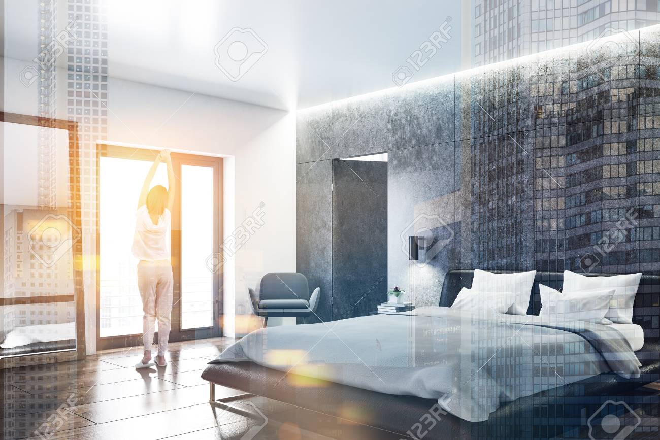 Corner Of Scandinavian Style Bedroom With Concrete Walls A Wooden