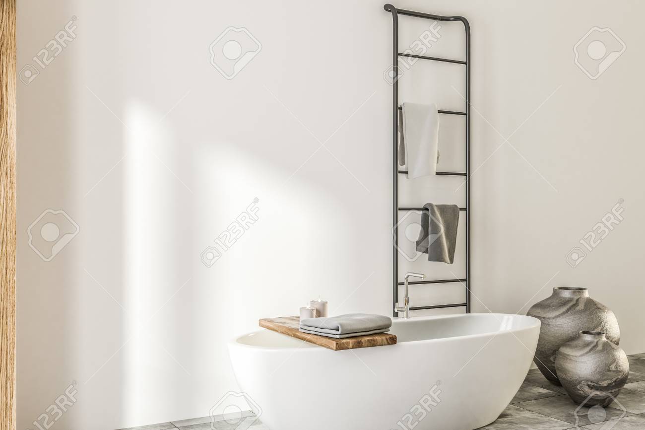White And Wood Wall Bathroom Corner With Tiled Floor Towel Rack