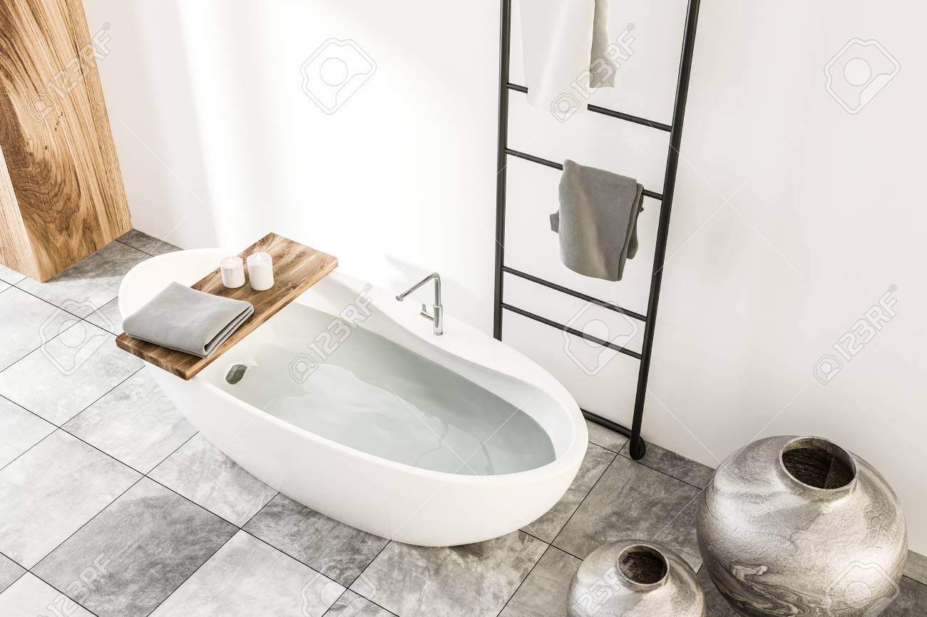 Modern White And Wooden Wall Bathroom Interior With Gray Marble