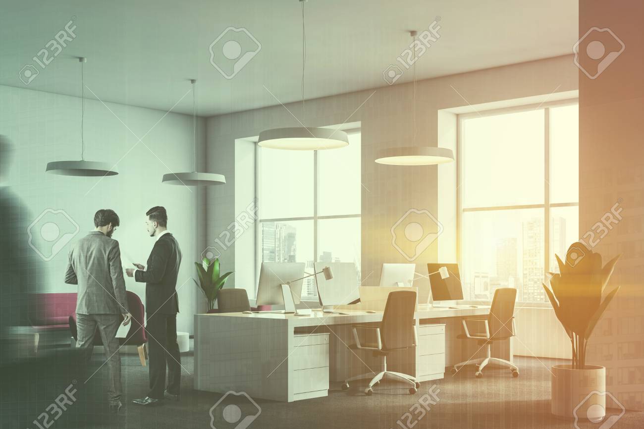 White Office With Gray Carpet On The Floor White Ceiling Lamps