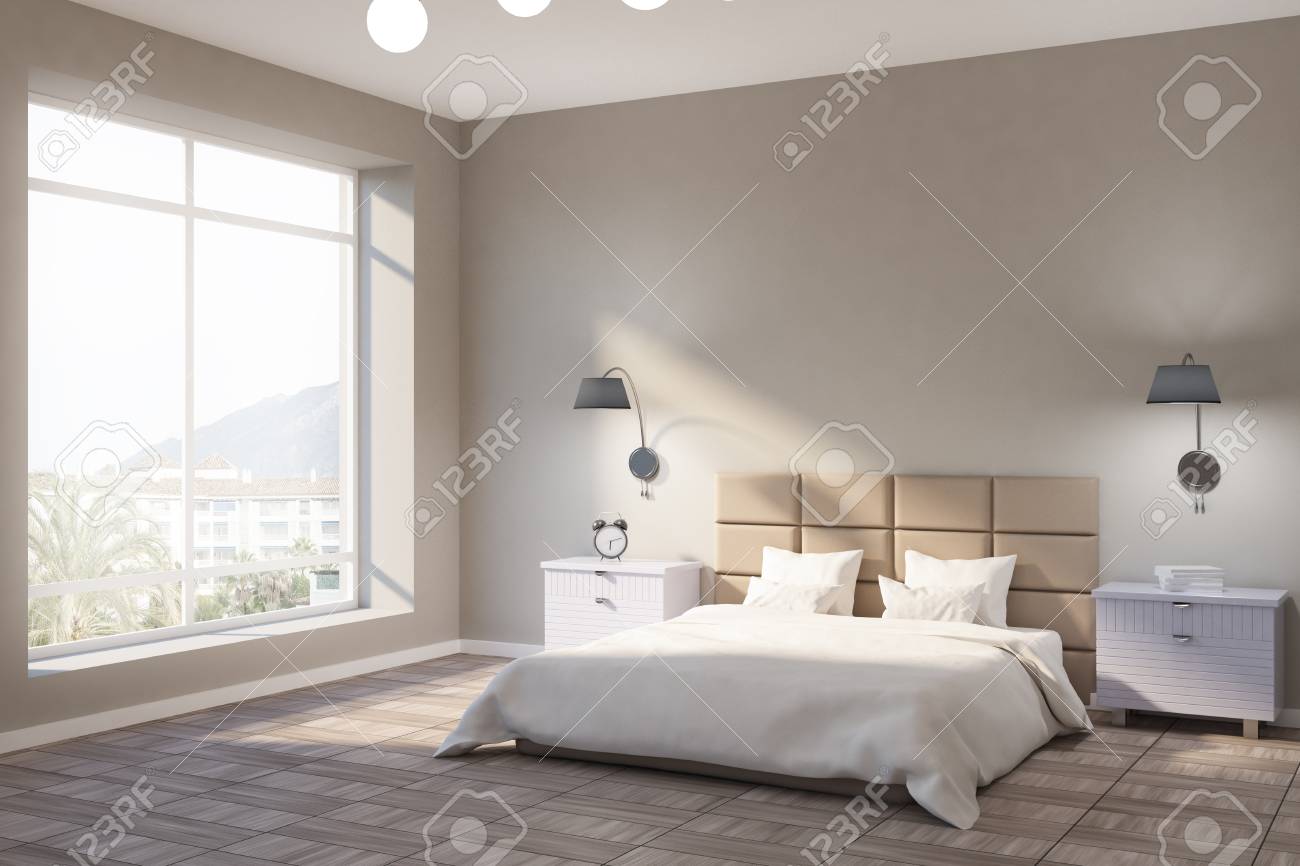 Minimalistic Bedroom Interior With Beige Walls A Wooden Tile