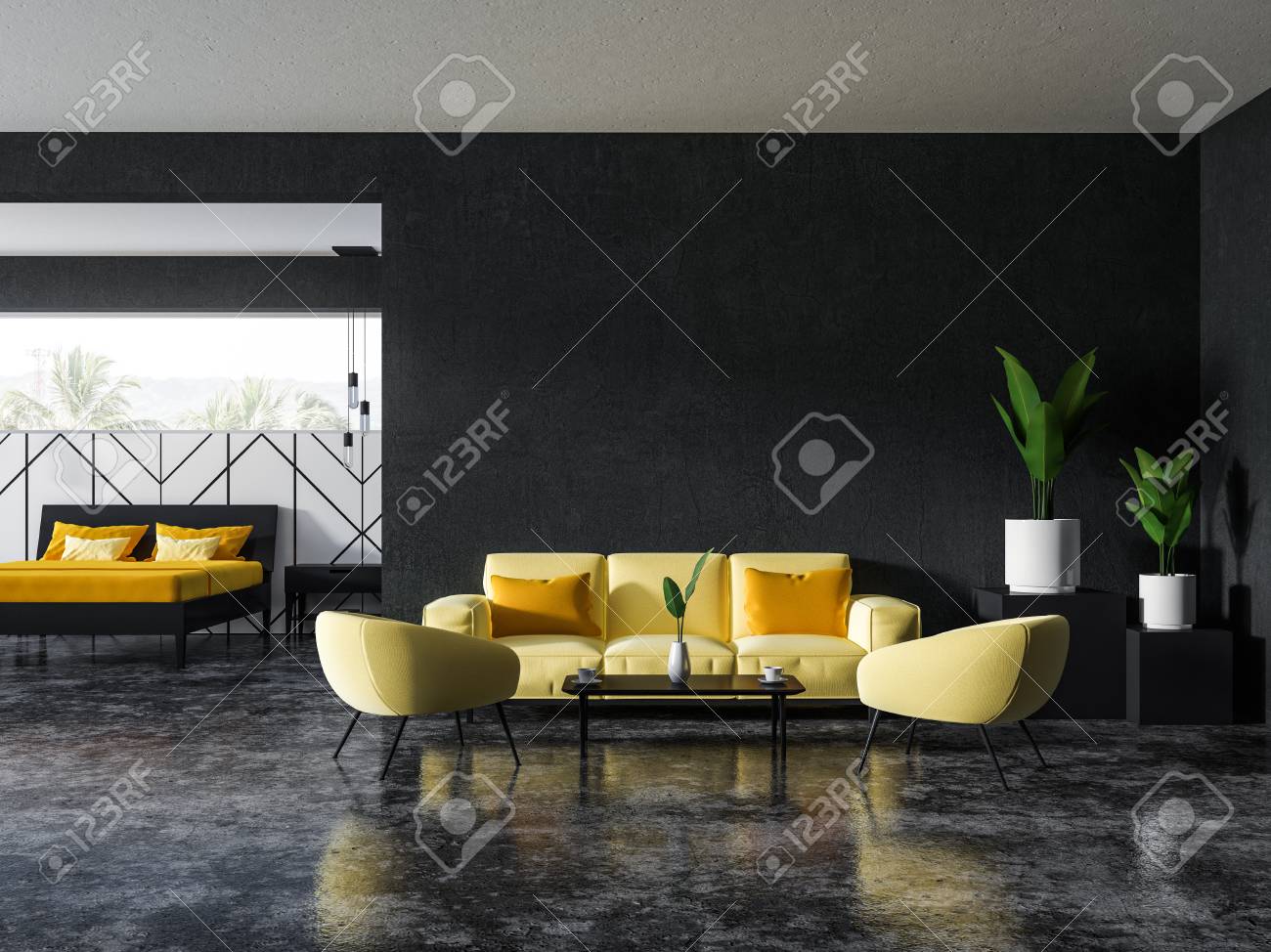 Interior Of Gray And White Living Room With Soft Yellow Couch