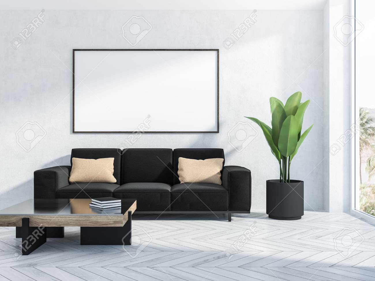 Interior Of Living Room With White Walls White Wooden Floor