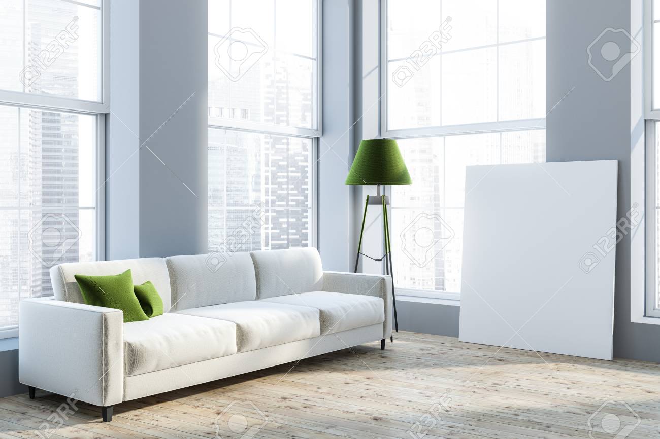 Luxury Living Room Interior With Gray Walls, Wooden Floor, White.. Stock Photo, Picture And Royalty Free Image. Image 109484646.