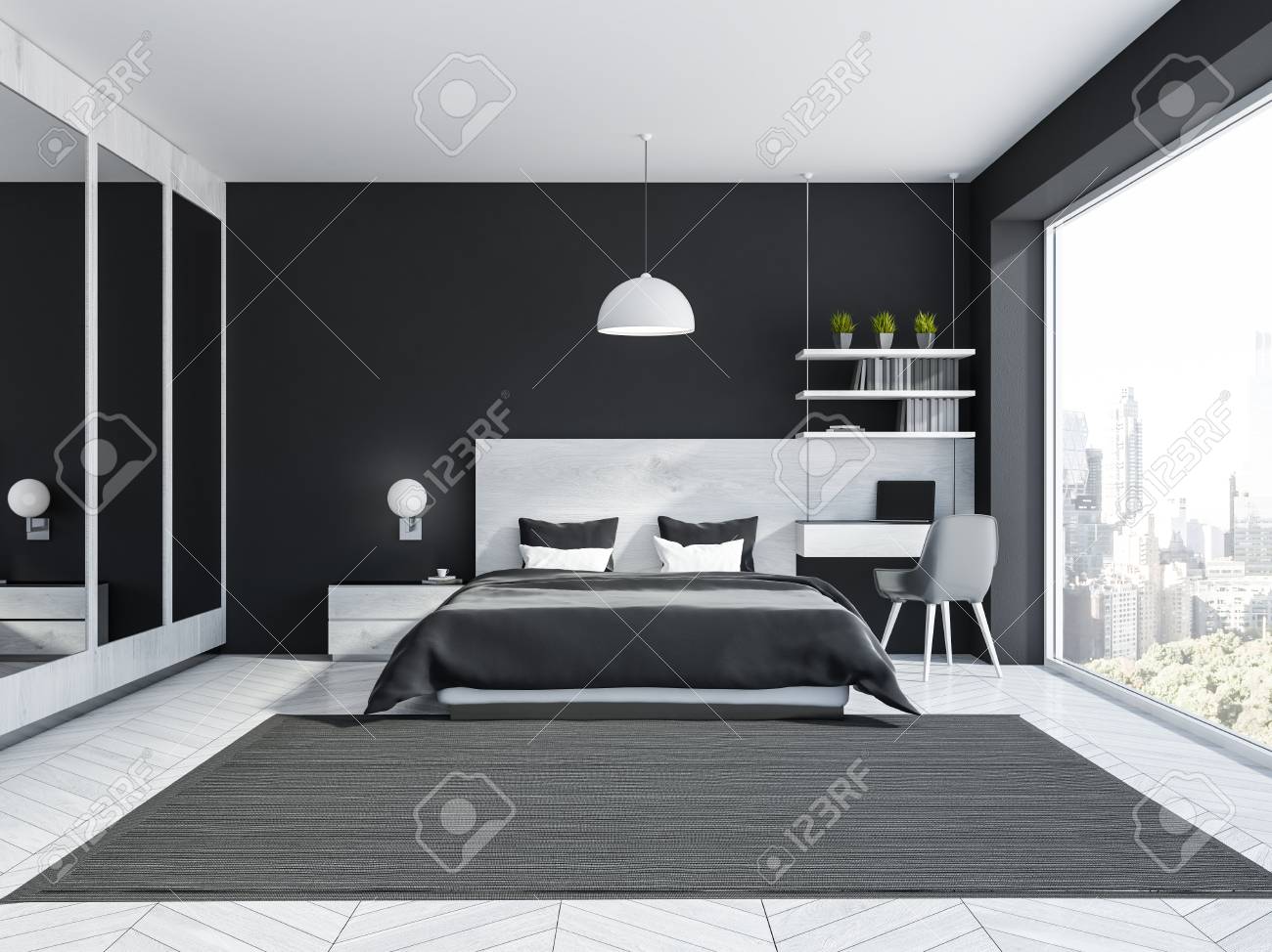 Interior Of Stylish Bedroom With Black Walls Wooden Floor Gray
