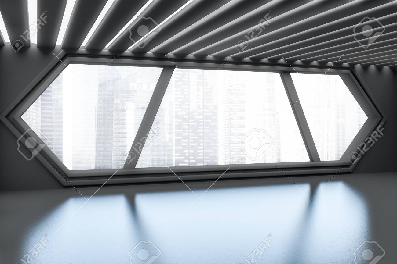 futuristic office lobby interior with gray walls and floor and hexagonal windows