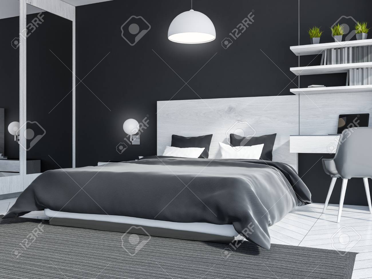 Corner Of Stylish Bedroom With Black Walls Wooden Floor Gray
