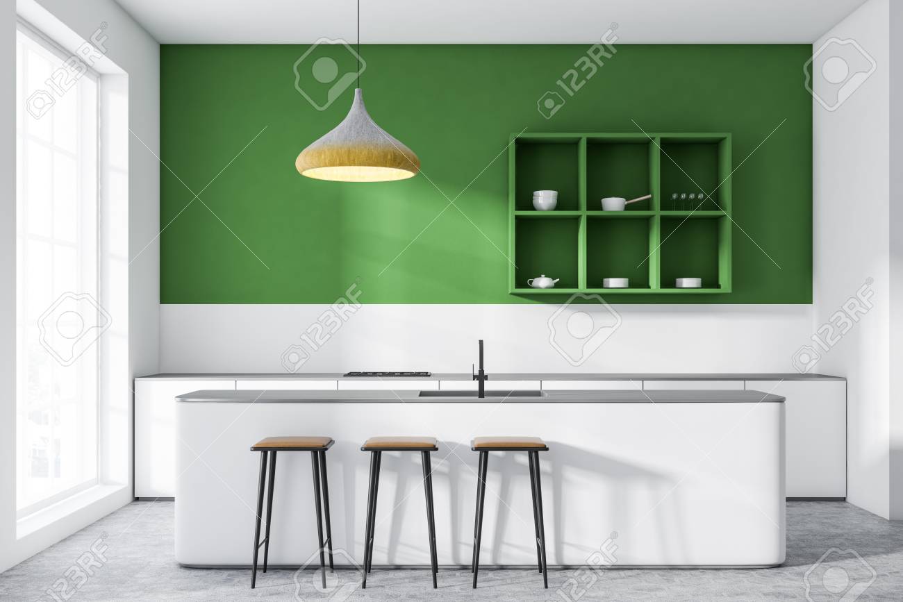 Interior Of Modern Kitchen With Green Walls Concrete Floor